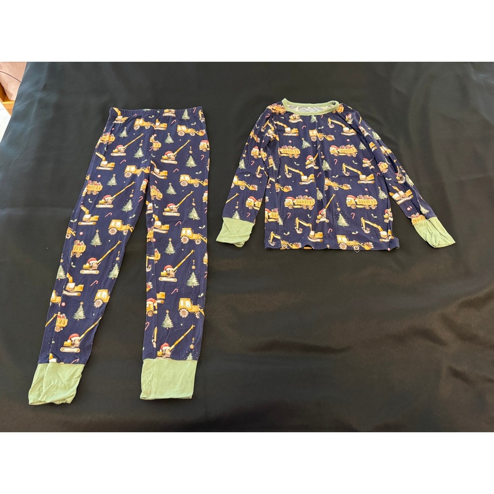 Little Snuggles Boys Christmas Construction Bamboo Pajama Set Navy Green 7/8